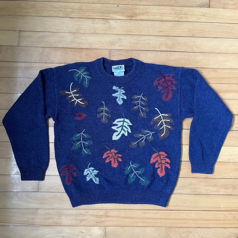 Northern Reflections Vintage Navy Blue Leaf Wool Blend Sweater Small 90s Fall